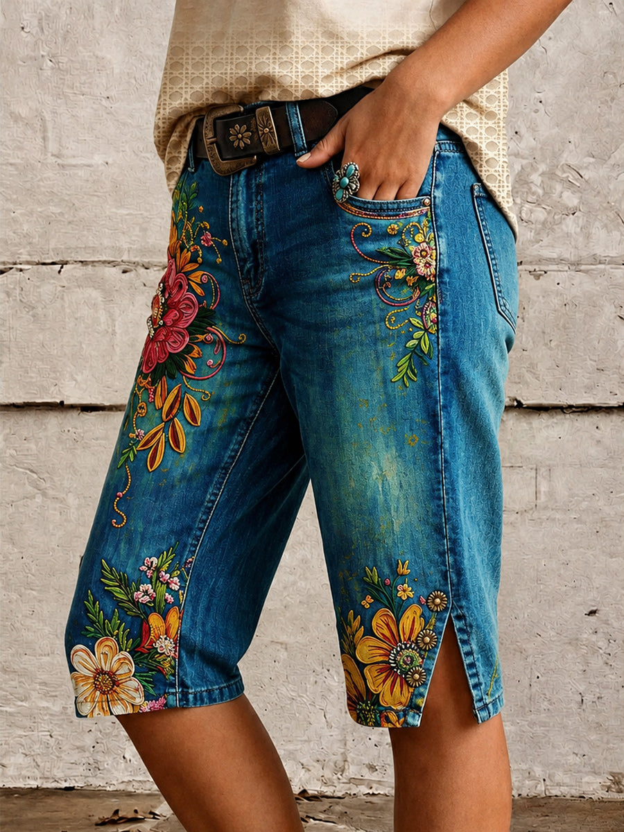 Retro Style Floral Art Print Vintage Casual Denim Shorts